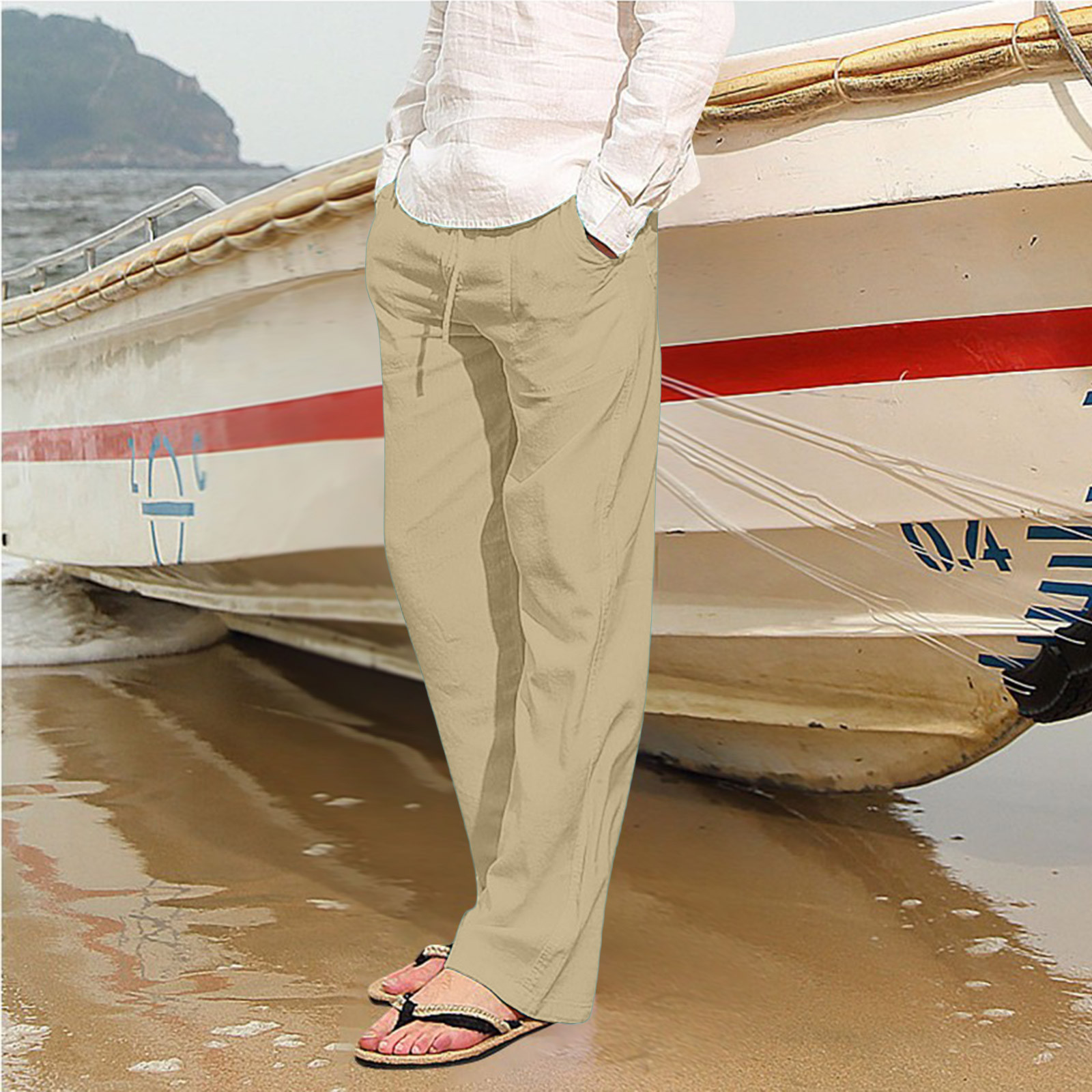 thumbnail image 4 of Pantalones deportivos holgados de hip hop para hombre - Algodón y lino, transpirables - Para todas las estaciones, cuatro bolsillos - Informales/playa/deporte - Tallas del Reino Unido/UE/EE. UU., l, 4 of 6